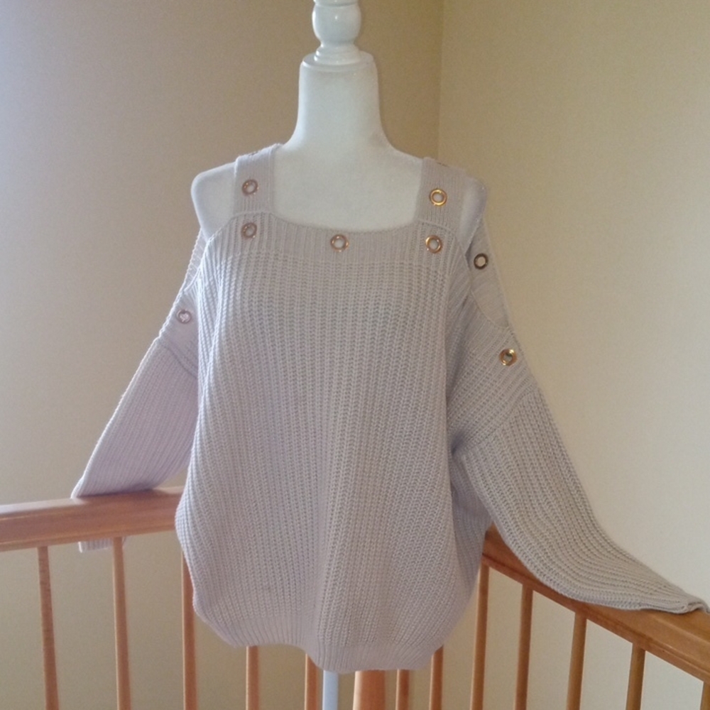 Elan Off-the-Shoulder Cream Over Sized Sweater with Gold Buttons